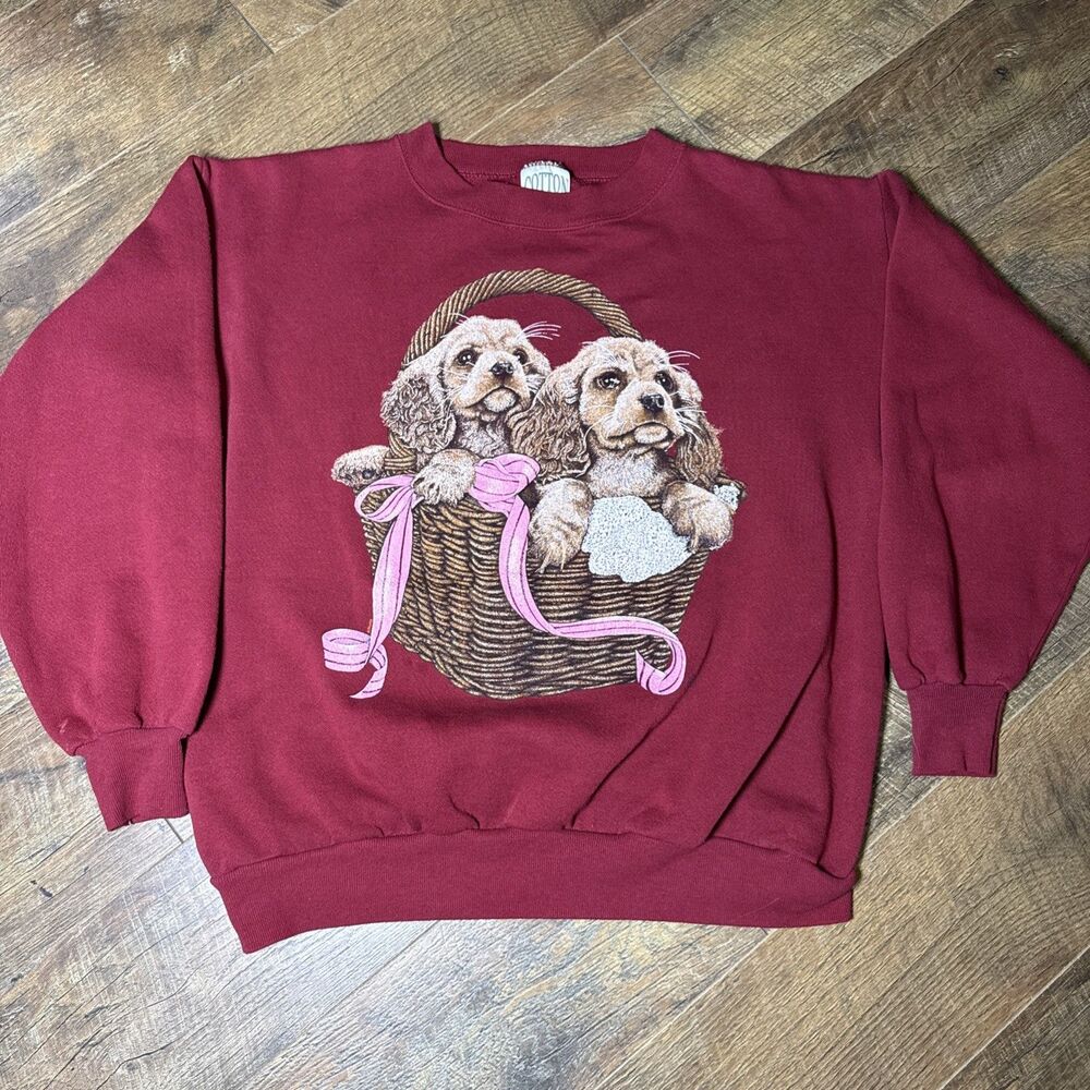 Vintage Cotton Grove Designs Puppy Basket Sweatshirt Red Made in USA Large Faded